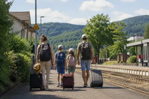 Familie mit Koffern und Rucksäcken geht auf einem Bahnsteig in den Sommerurlaub