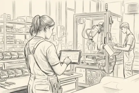 Fachkräfte in einer Werkstatt arbeiten mit Tablet und automatisierten Systemen (Bleistiftzeichnung)